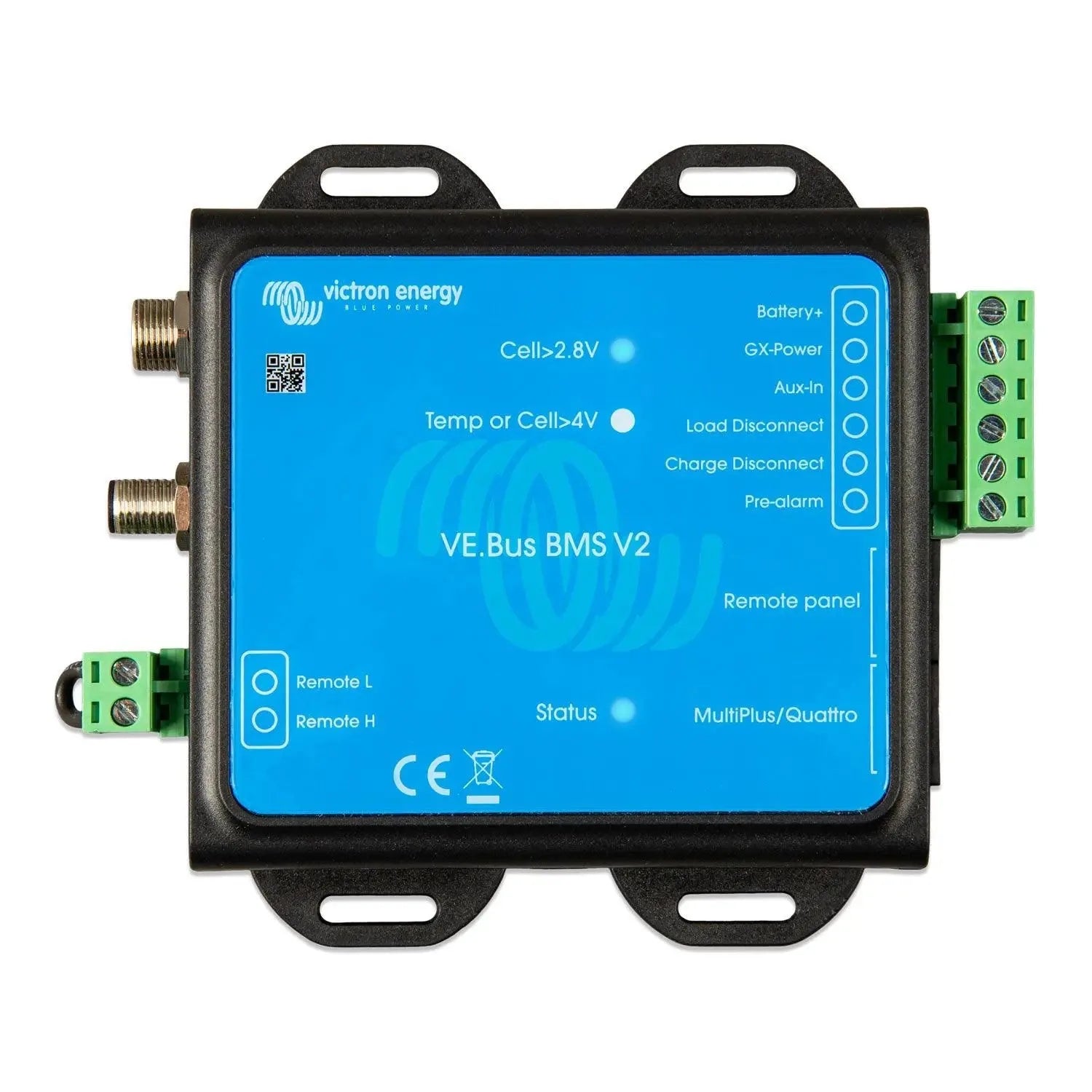 Victron Energy VE.Bus BMS V2 battery management system, top-down product view showing blue faceplate with terminals and green