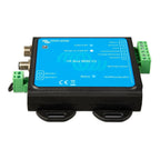 Victron Energy VE.Bus BMS V2 battery management system with blue faceplate, green terminal connectors, and metallic ports on 