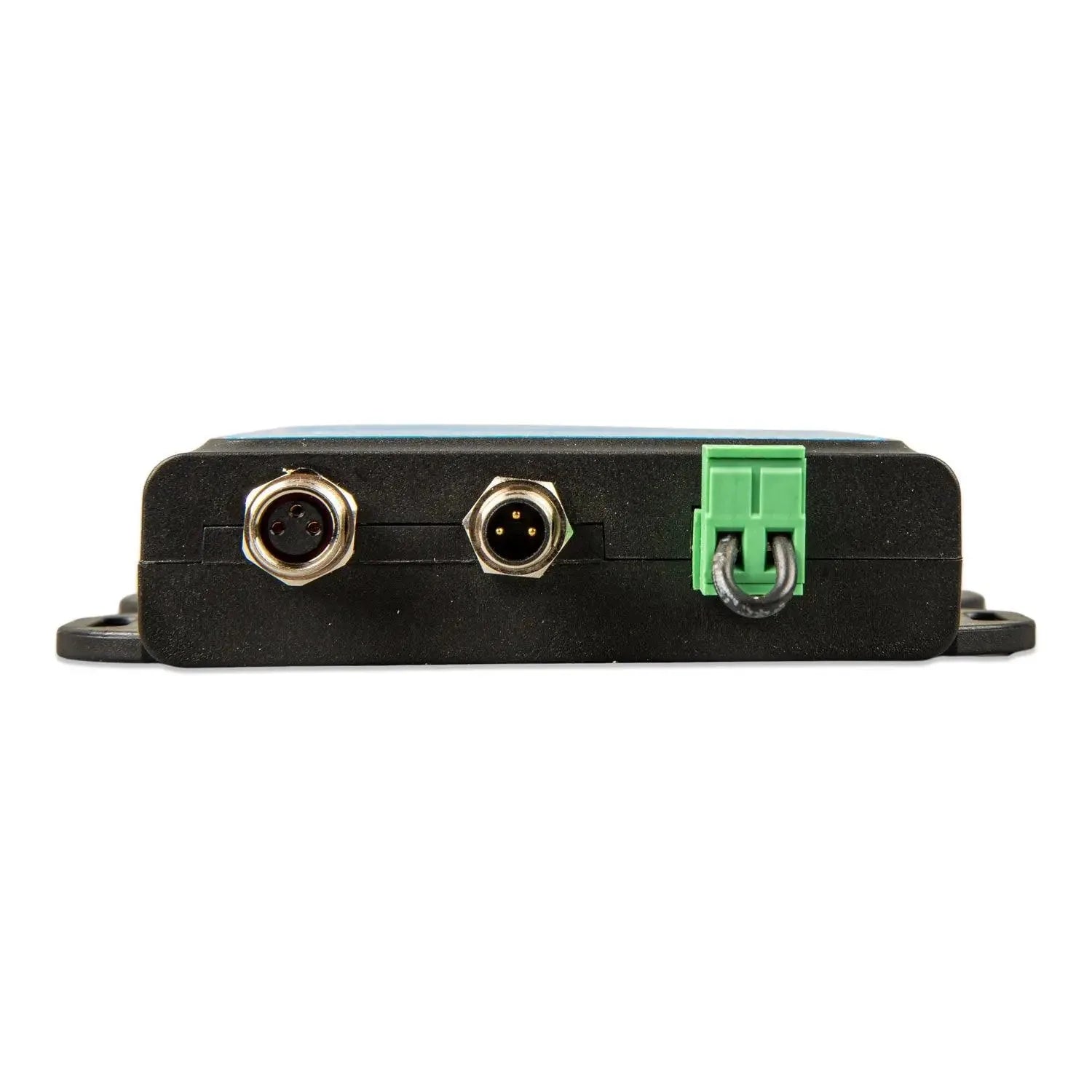 Victron VE.Bus BMS V2 rear connector panel showing two circular metal connectors and green terminal block against black housi