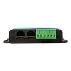 Victron VE.Bus BMS V2 device showing two black RJ45 connectors and green terminal block with six ports, front view.