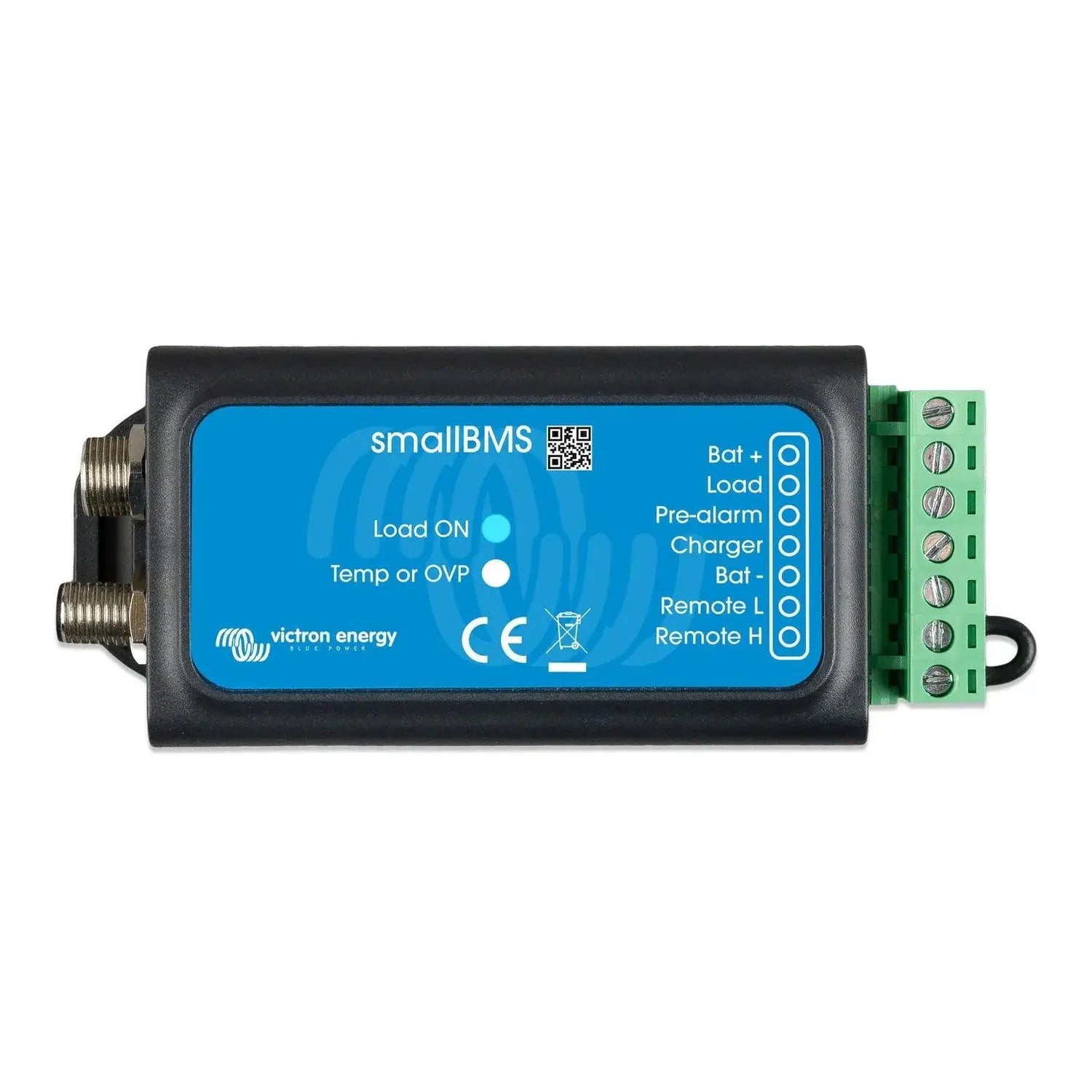 Victron smallBMS battery management system with blue faceplate, status indicators, and green terminal block connector.