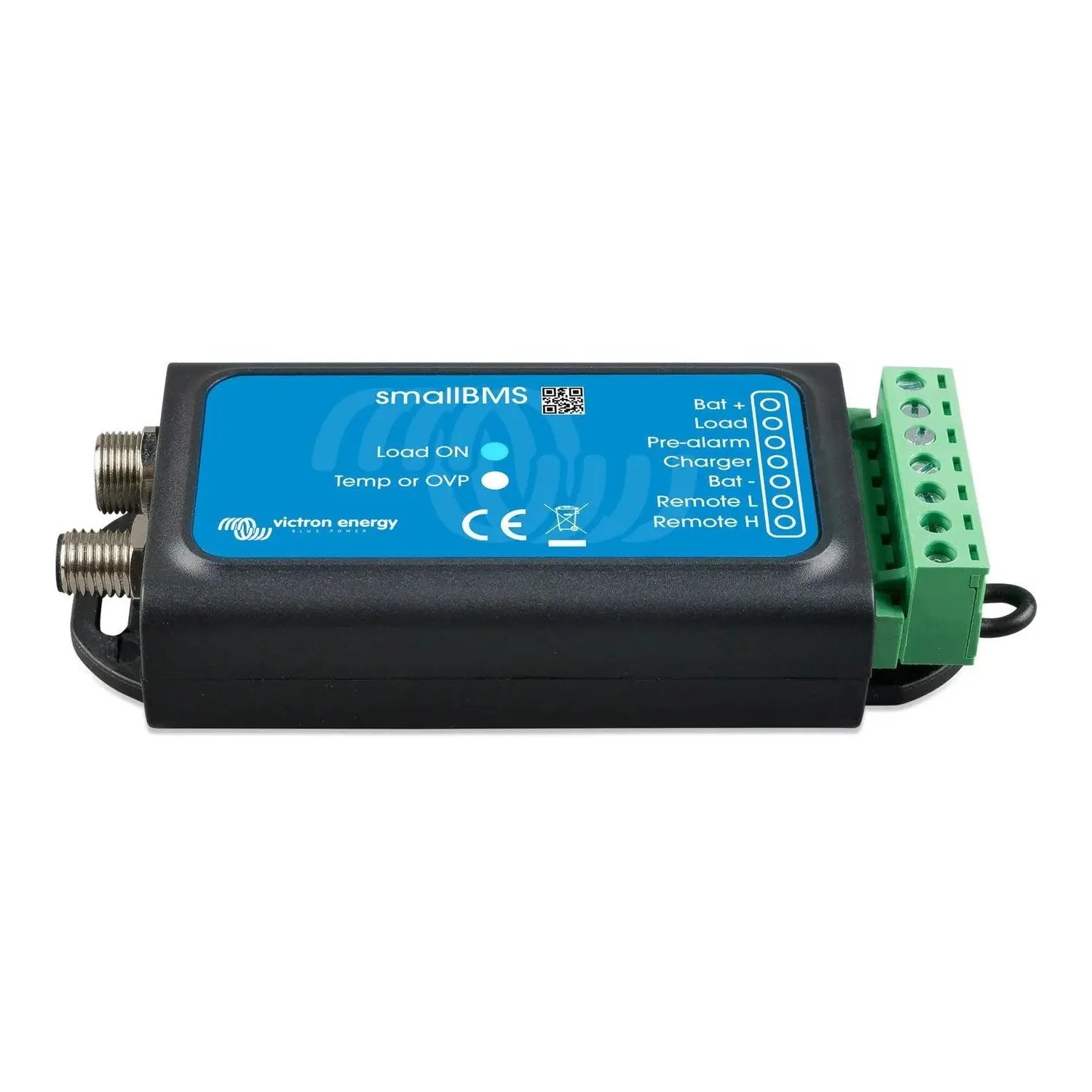Victron smallBMS battery management system with blue face panel, black housing, dual M8 connectors on left side, and green te