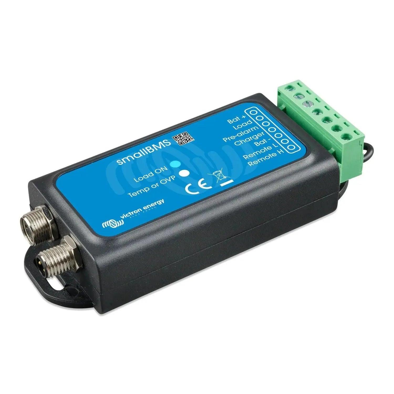 Victron smallBMS battery management system with blue face panel, black casing, two threaded connectors on bottom, and green t