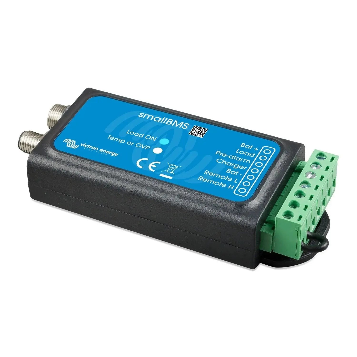 Victron smallBMS battery management system with blue face panel, black housing, two metal connectors on left side, and green 