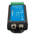Victron smallBMS battery management system with blue display face, black housing, green terminal block on top, and two metal 