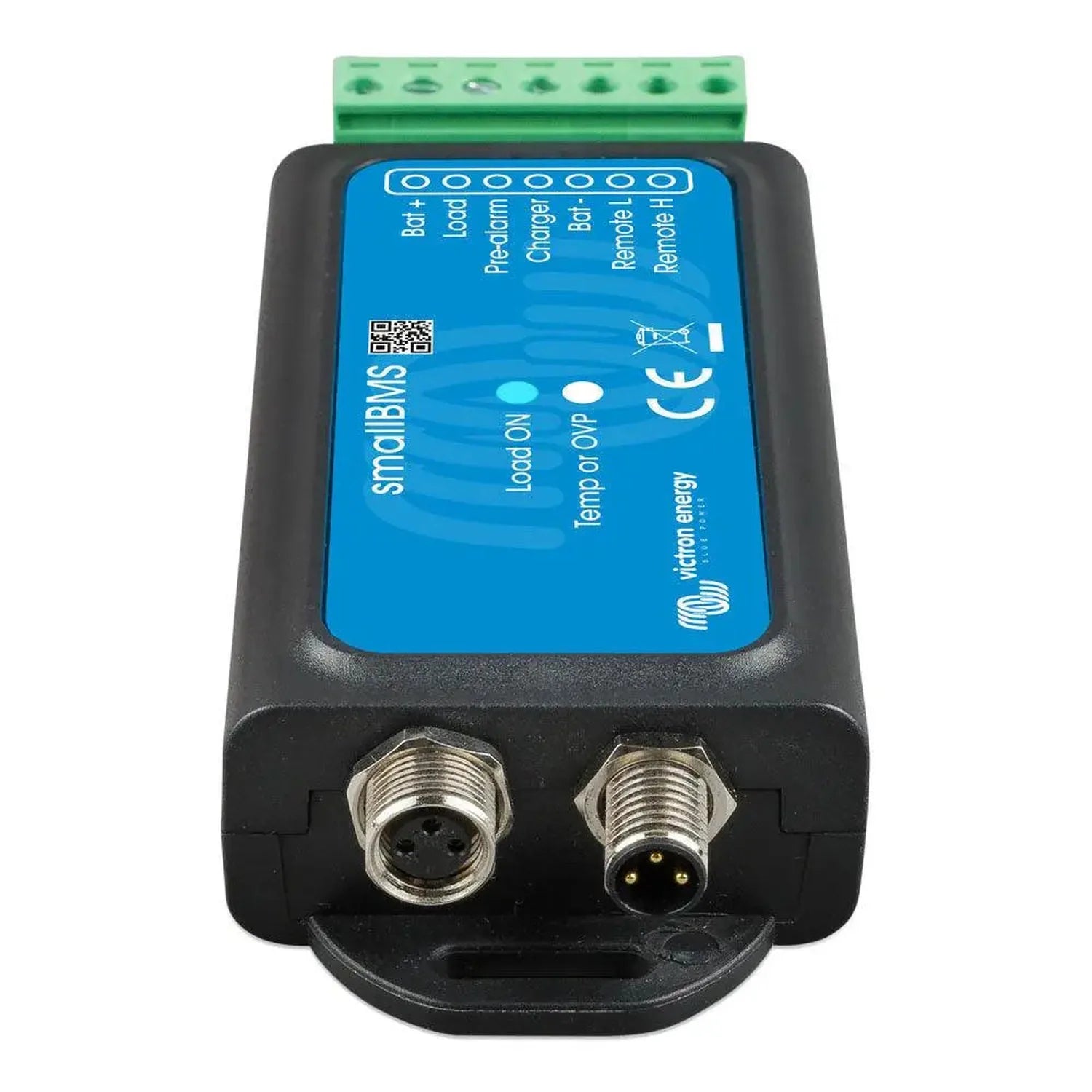 Victron smallBMS battery management system with blue display face, black housing, green terminal block on top, and two metal 