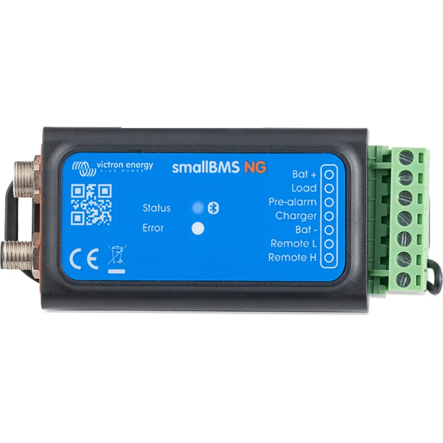 Victron Energy smallBMS NG battery management system with blue face plate, status and error indicator lights, and green termi
