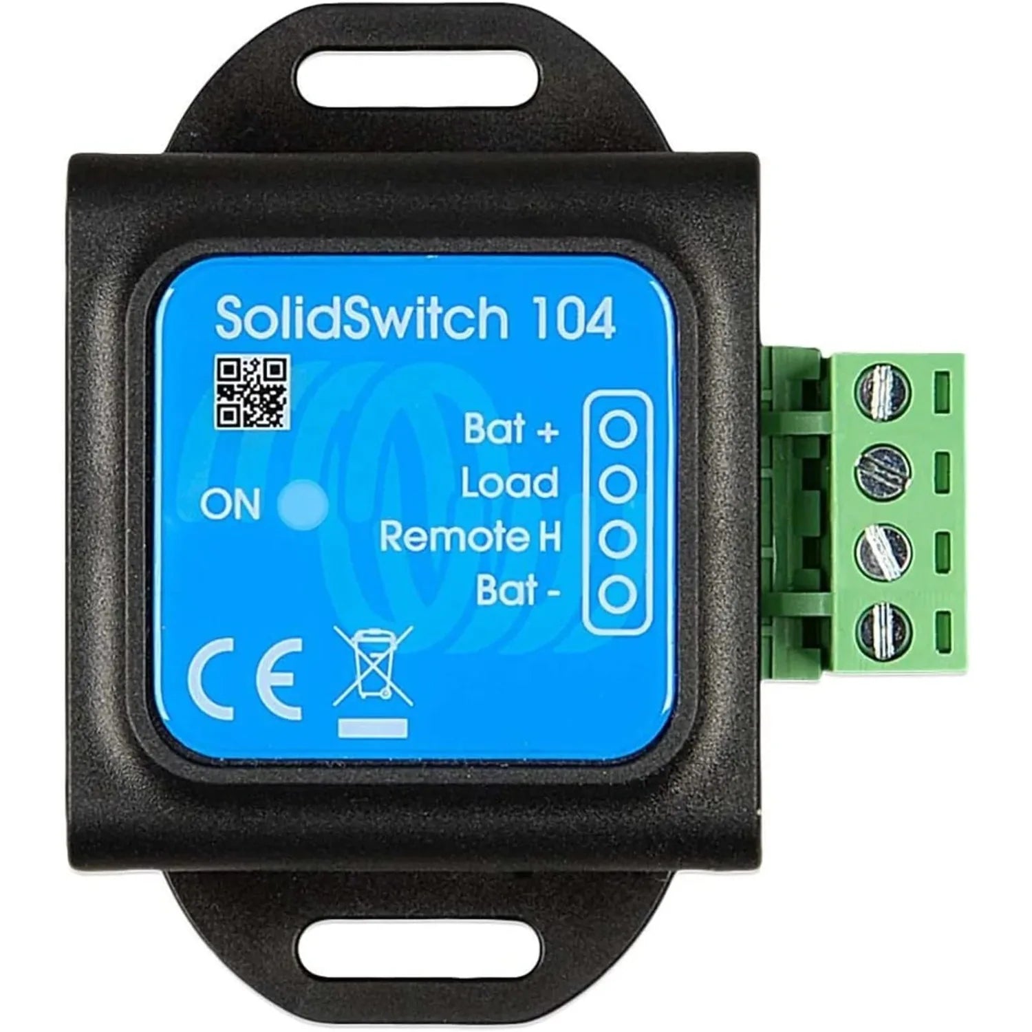 Victron SolidSwitch 104 solid-state switch with blue control panel and green terminal block connector, displayed against whit