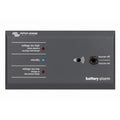 Victron Energy battery alarm panel with three LED indicators showing voltage status and buzzer on/off control switch.