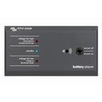 Victron Energy battery alarm panel with three LED indicators showing voltage status and buzzer on/off control switch.