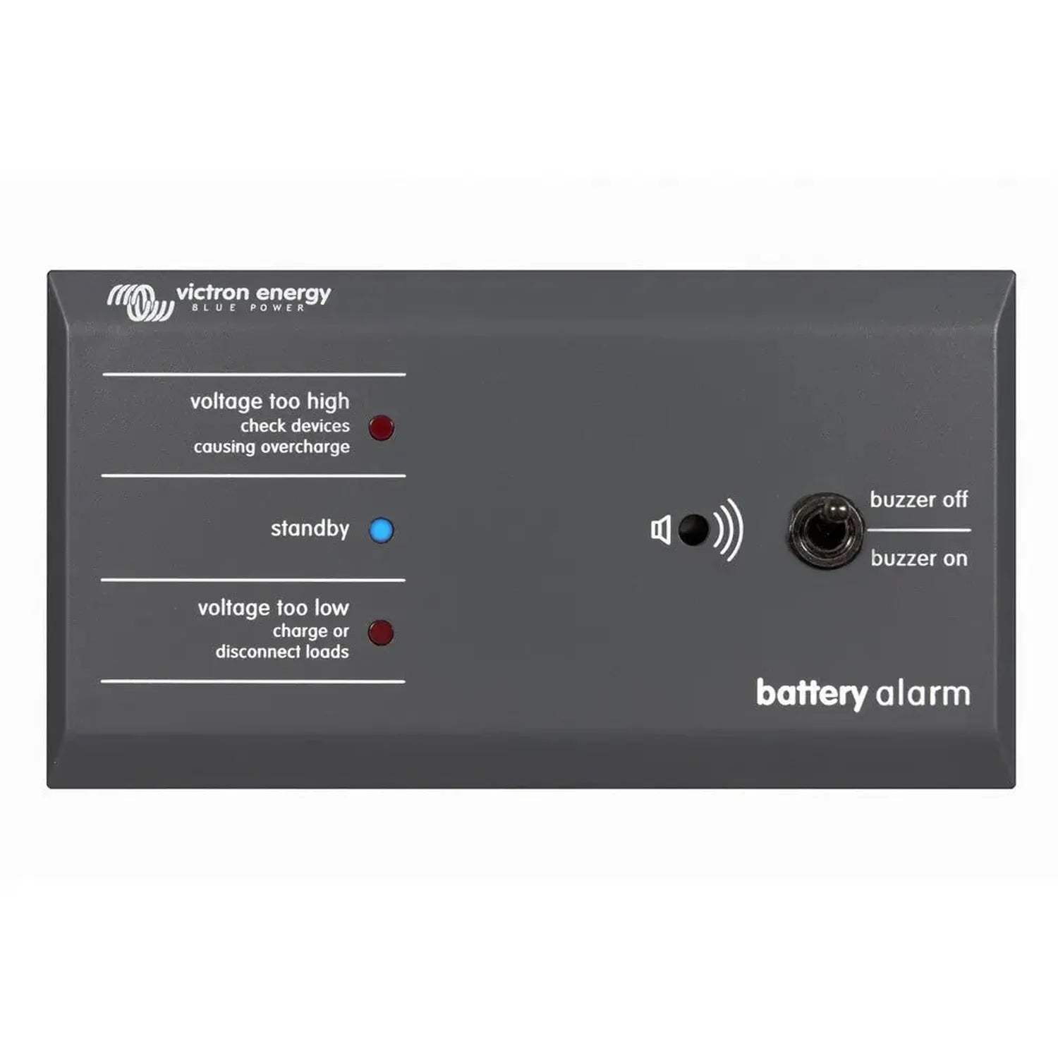 Victron Energy battery alarm panel with three LED indicators showing voltage status and buzzer on/off control switch.
