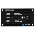 Victron Battery Alarm panel with three indicator lights showing voltage status and buzzer controls, mounted on black faceplat