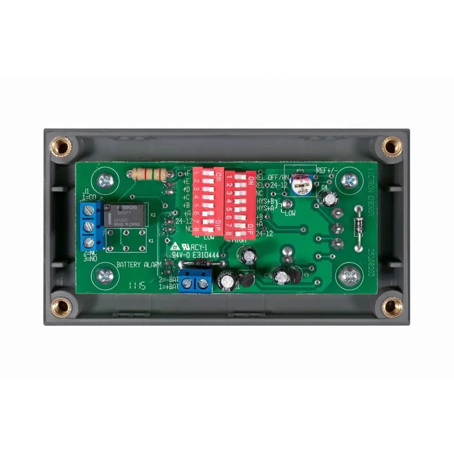 Victron Battery Alarm circuit board showing green PCB with red DIP switches, blue terminal blocks, and gold mounting posts in