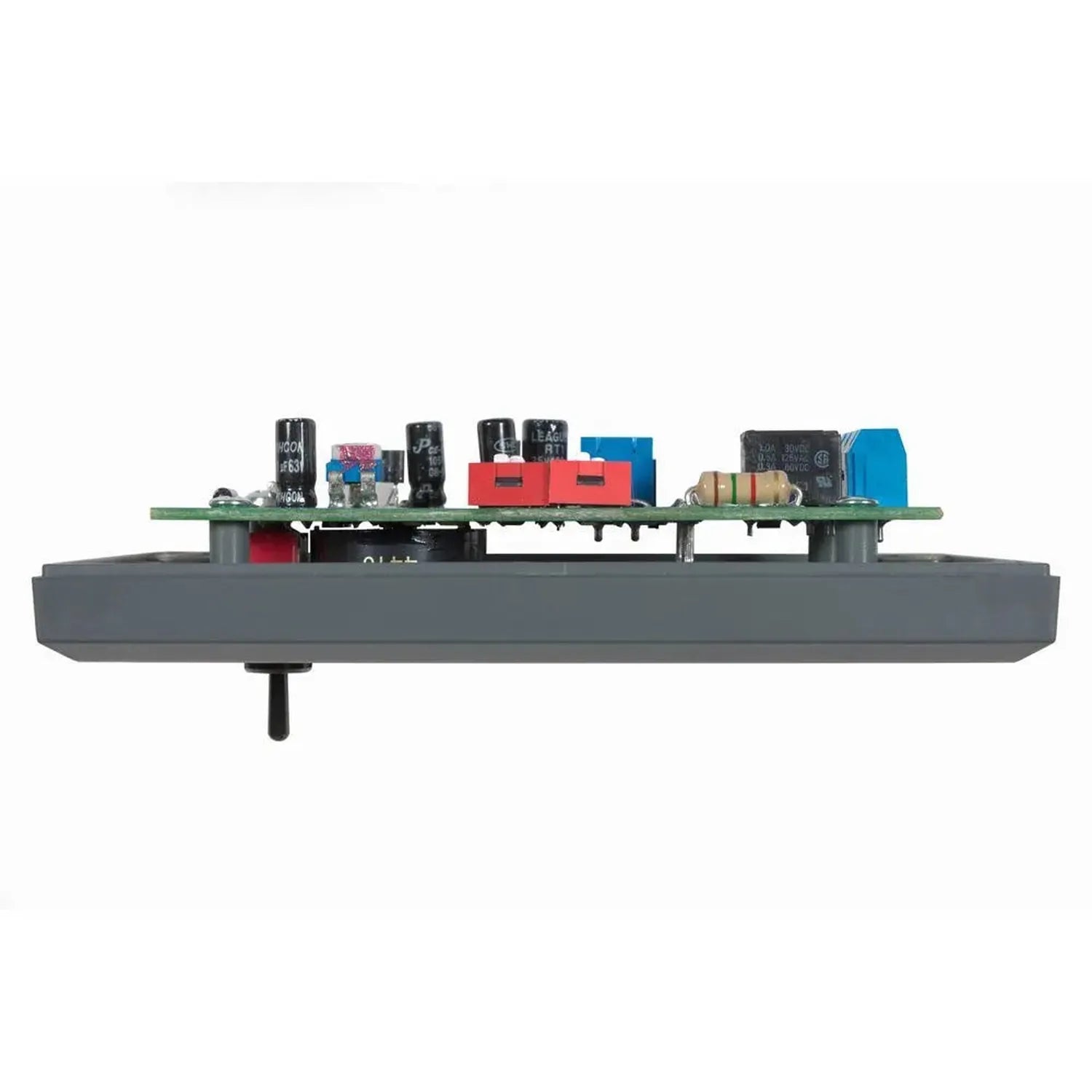 Side view of an electronic circuit board mounted on a gray base plate with various black capacitors, red components, blue cap
