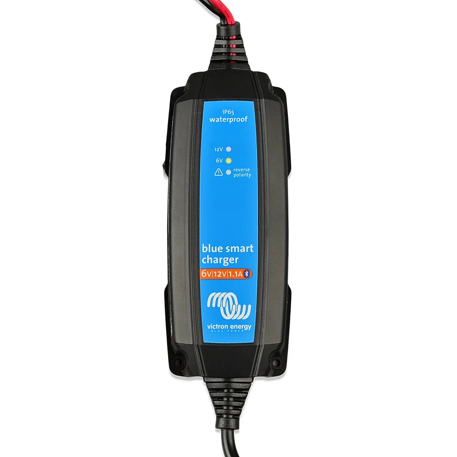 Victron Blue Smart Charger 6V/12V 1.1A with red and black power cables, showing waterproof rating and indicator lights on blu