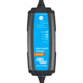 Victron Blue Smart 12V 4A waterproof battery charger with blue and black casing, showing display panel with mode and charging