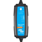 Victron Blue Smart 12V 4A waterproof battery charger with blue and black casing, showing display panel with mode and charging