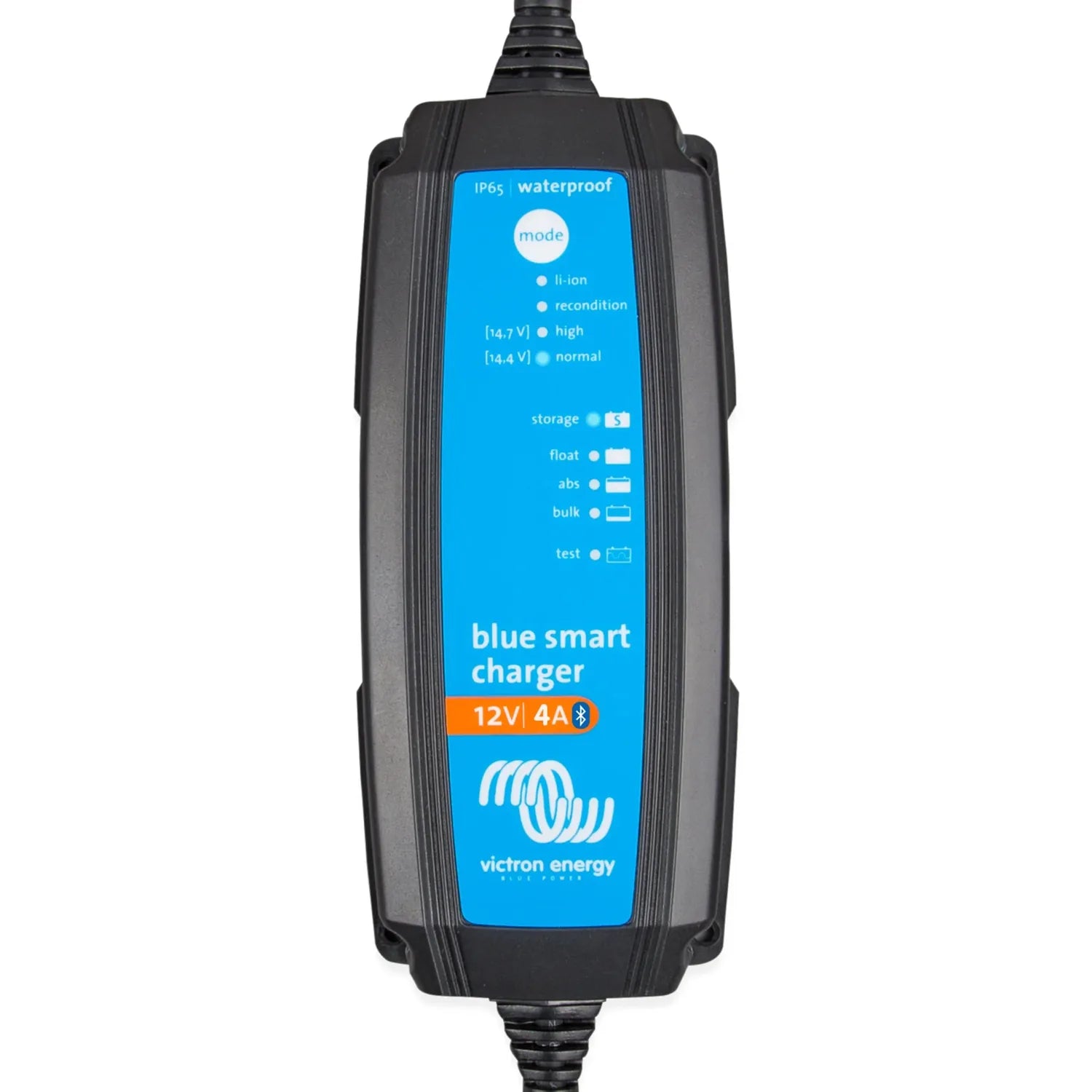Victron Blue Smart Charger 12V 4A with IP65 waterproof rating, featuring blue display panel showing mode and storage settings