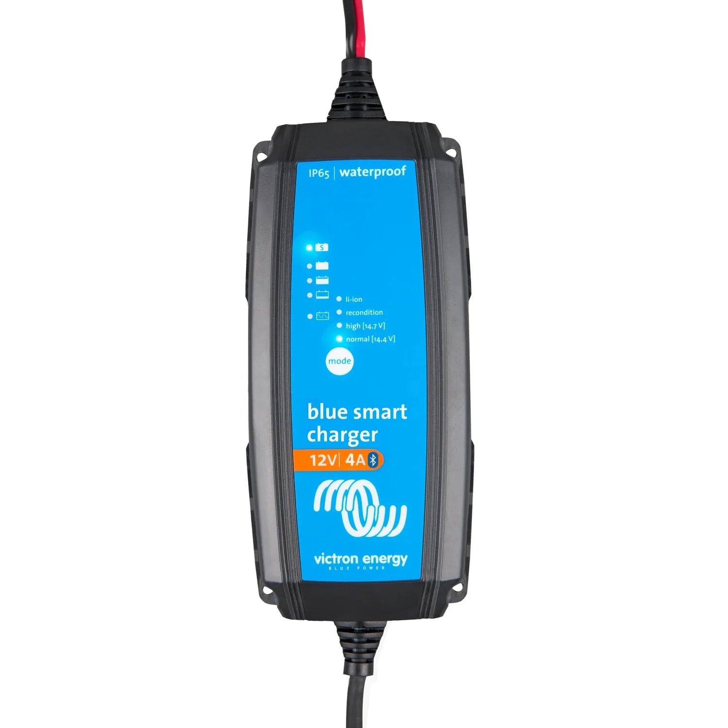 Victron Blue Smart Charger 12V/4A with IP65 waterproof rating, showing front display panel with LED indicators and mode butto