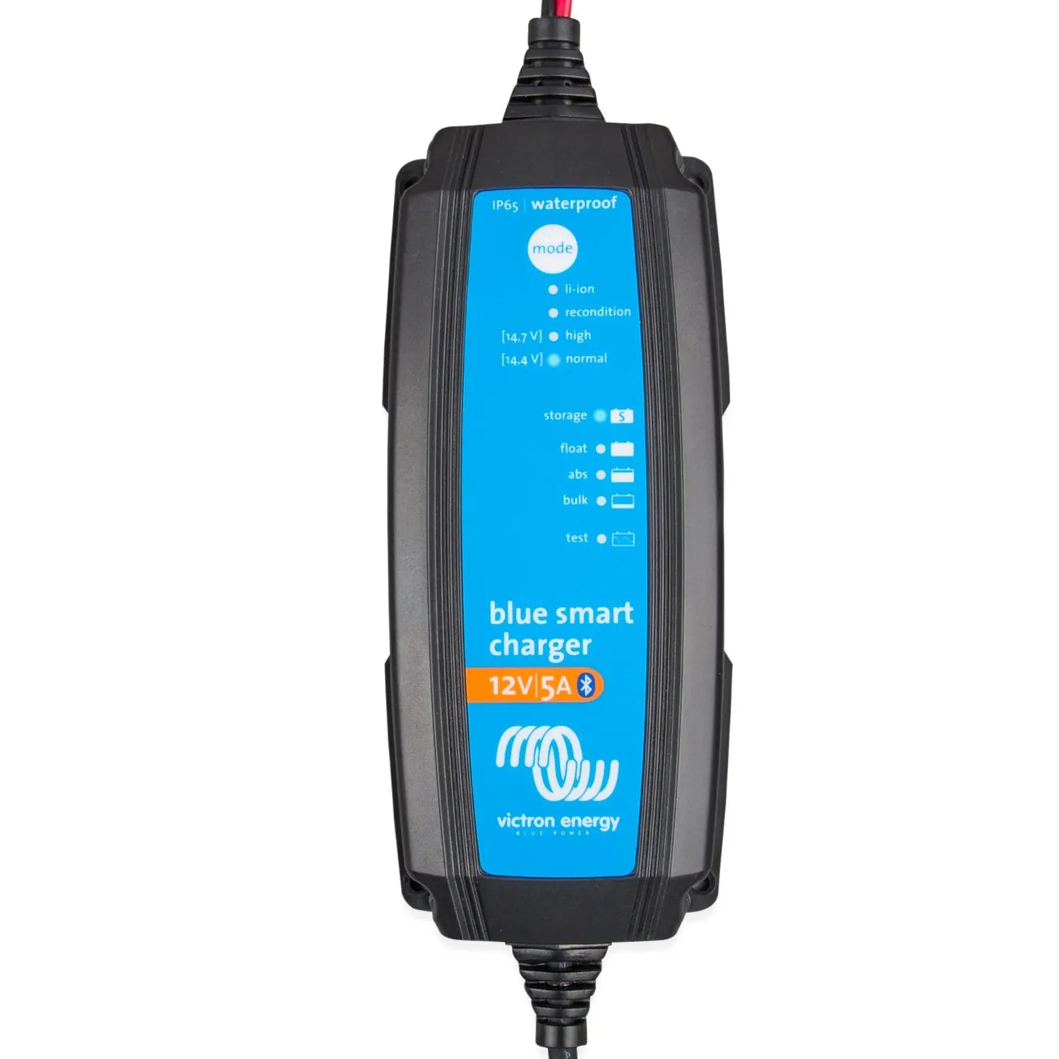 Victron Blue Smart Charger 12V/5A with IP65 waterproof rating, showing blue label with charging modes and settings indicators