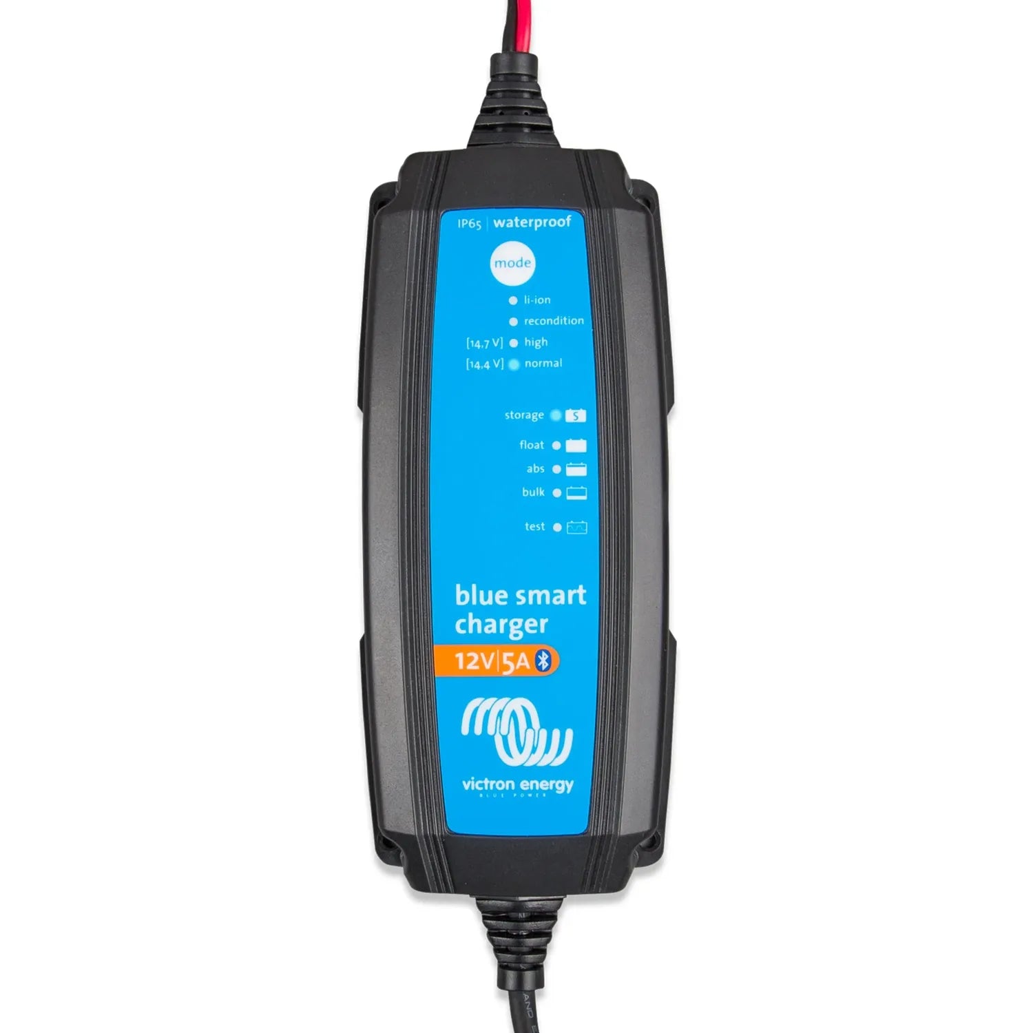 Victron Blue Smart 12V/5A waterproof battery charger with blue face panel showing mode, storage, float, abs, bulk, and test i