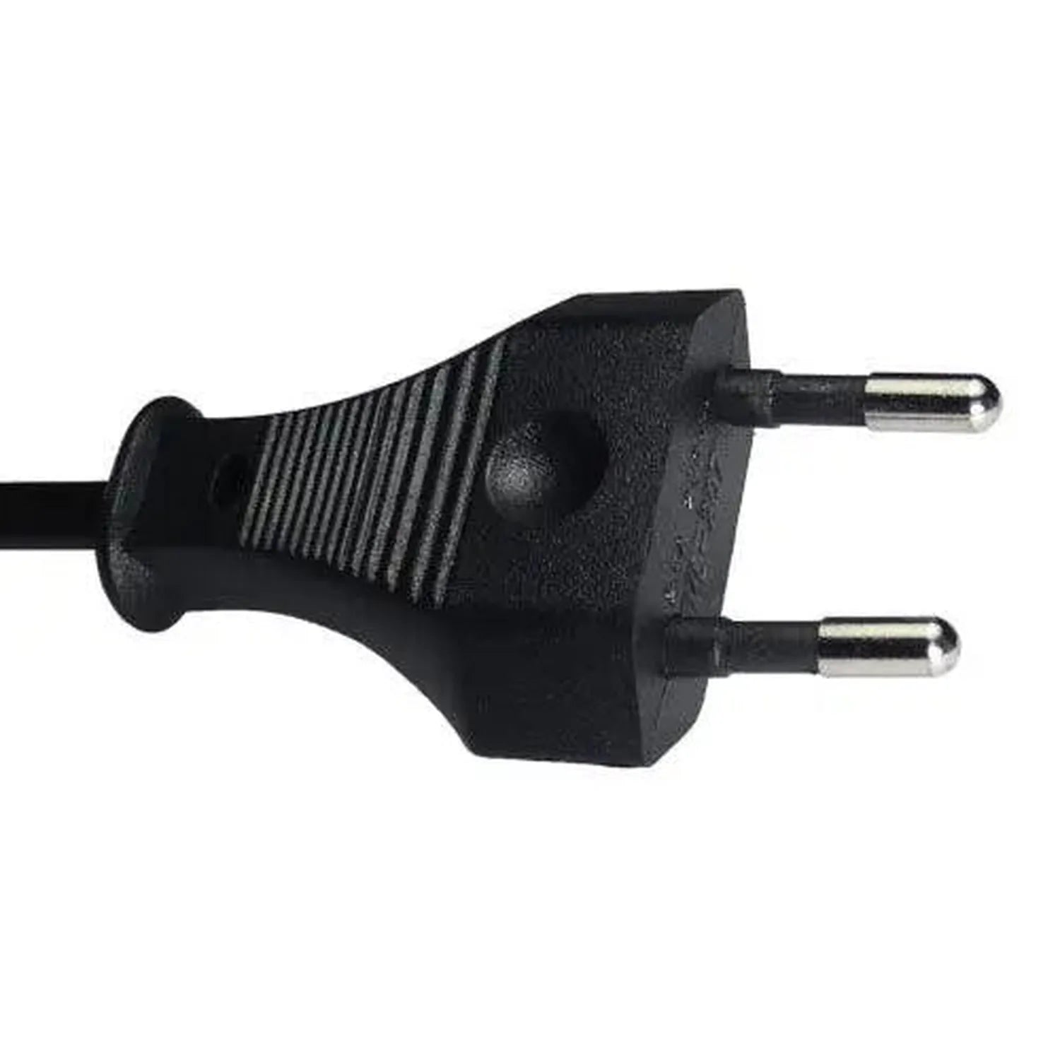 Black two-pin European power plug with coiled cable against white background.