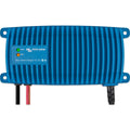 Victron Blue Smart Charger 12/25 in blue with vertical cooling fins, mounted view showing power and status indicator lights a