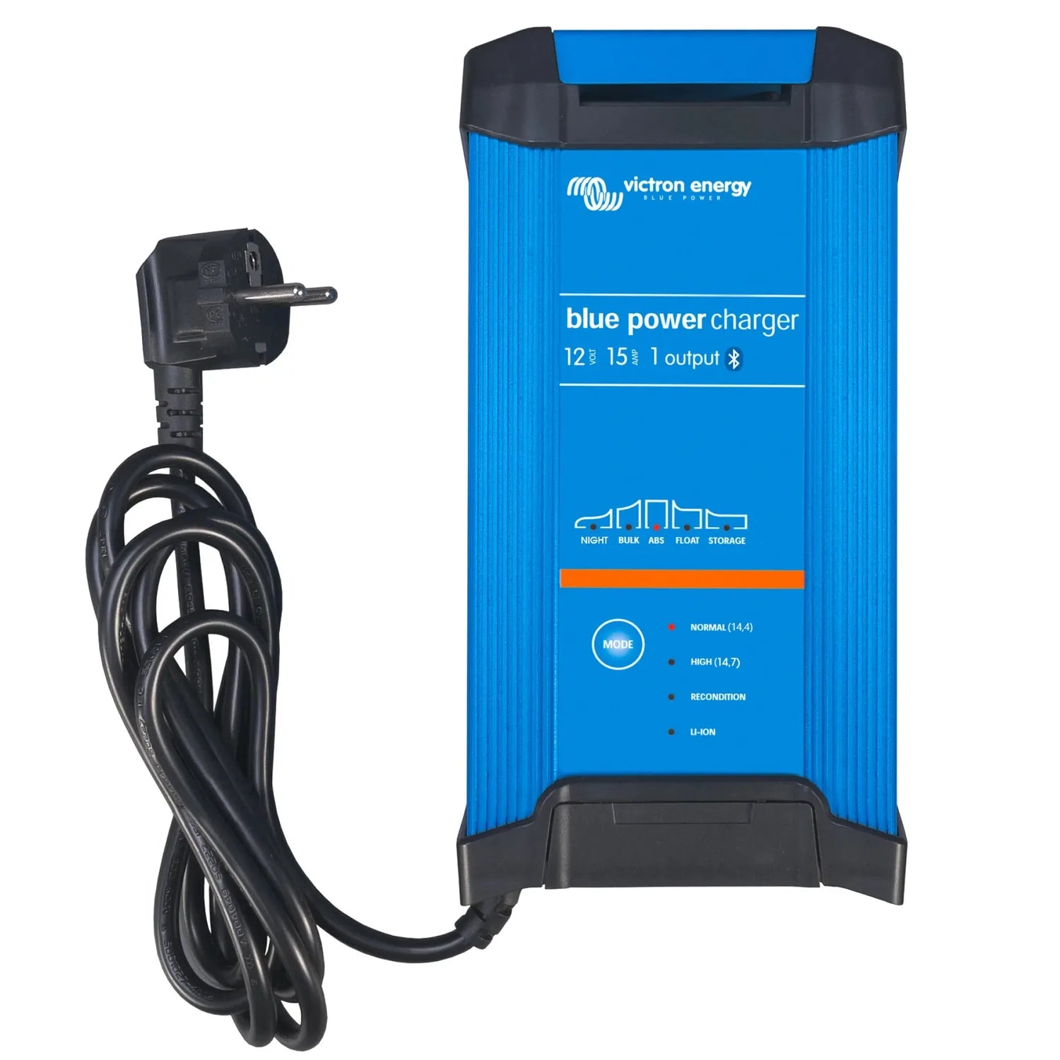Victron Energy Blue Power Charger 12V 15A with attached power cord and EU plug adapter, front view showing display panel and 