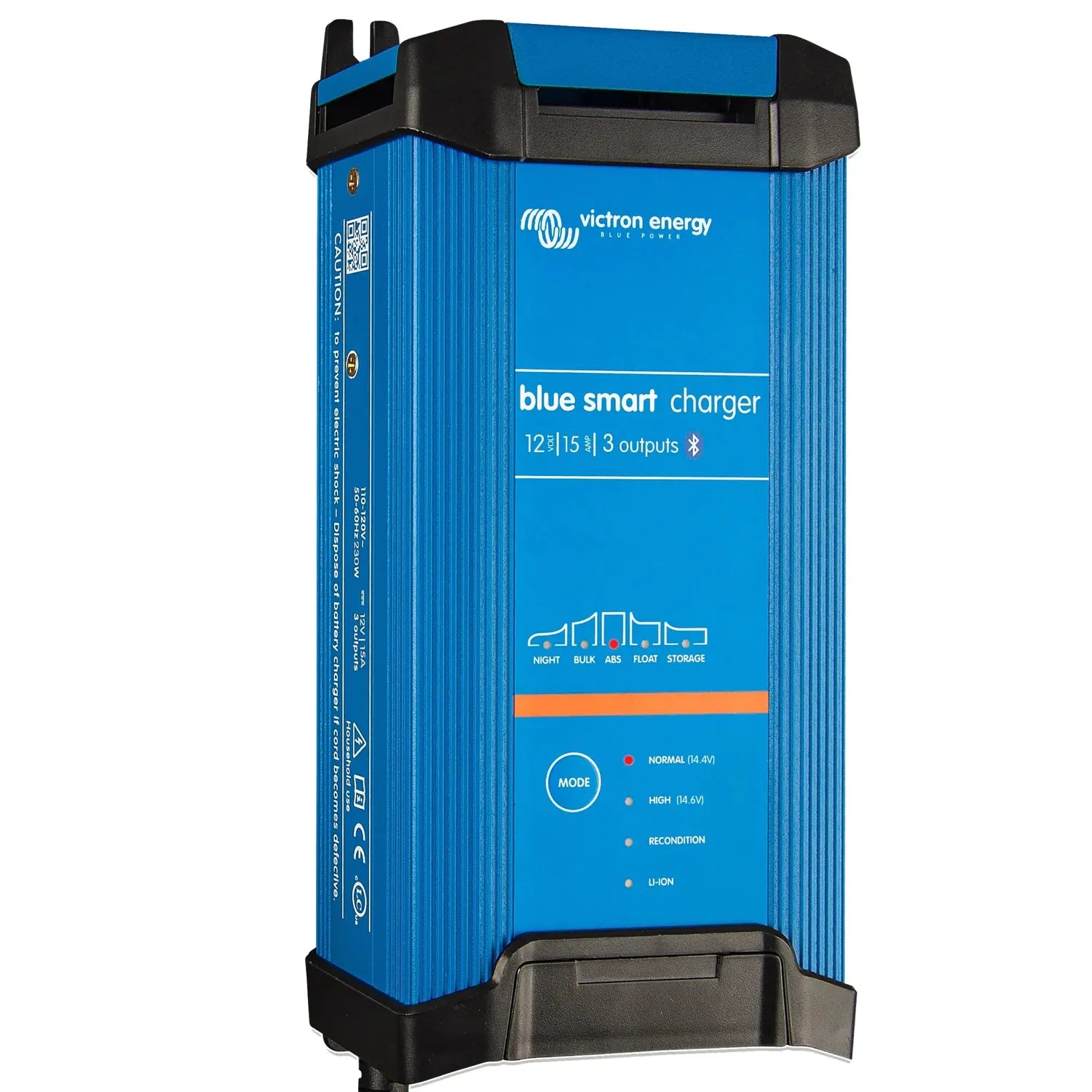 Victron Energy blue smart charger, 12/15 volts with 3 outputs and Bluetooth, shown as product unit against white background.