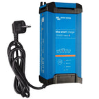 Victron Blue Smart charger in bright blue with black accents, shown with coiled black power cord and plug attachment.