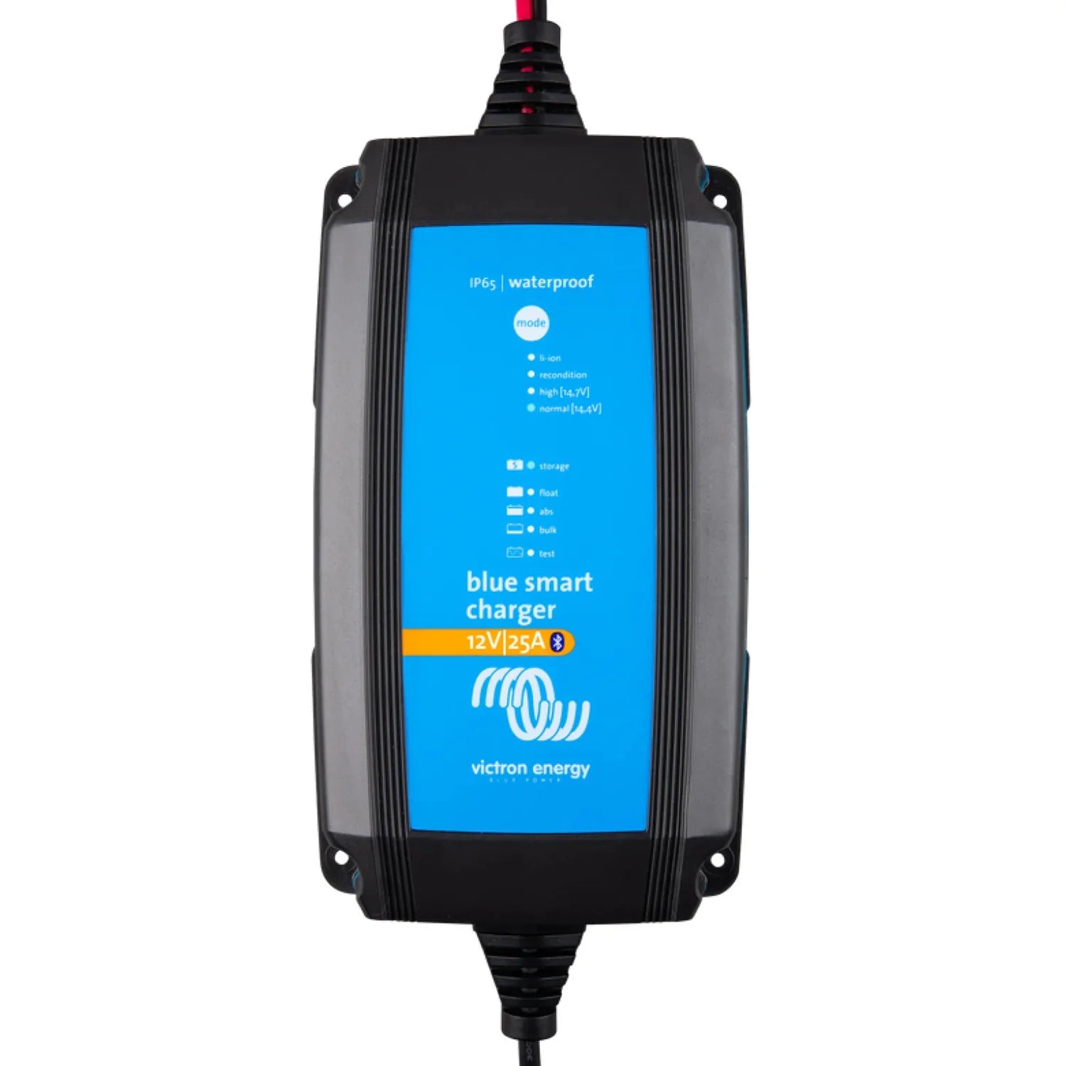 Victron Blue Smart Charger 12V/25A with IP65 waterproof rating, showing blue display panel and black housing with mounting br