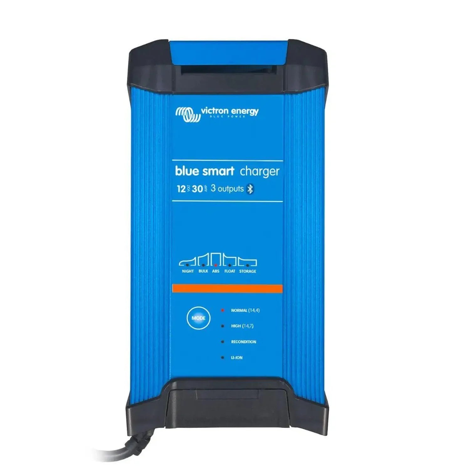 Victron Energy blue smart charger, 12/30 with 3 outputs and Bluetooth connectivity, shown against white background.
