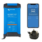 Victron Energy Blue Smart charger with smartphone app display and power adapter, showing 12V 30A 3-output specifications and 