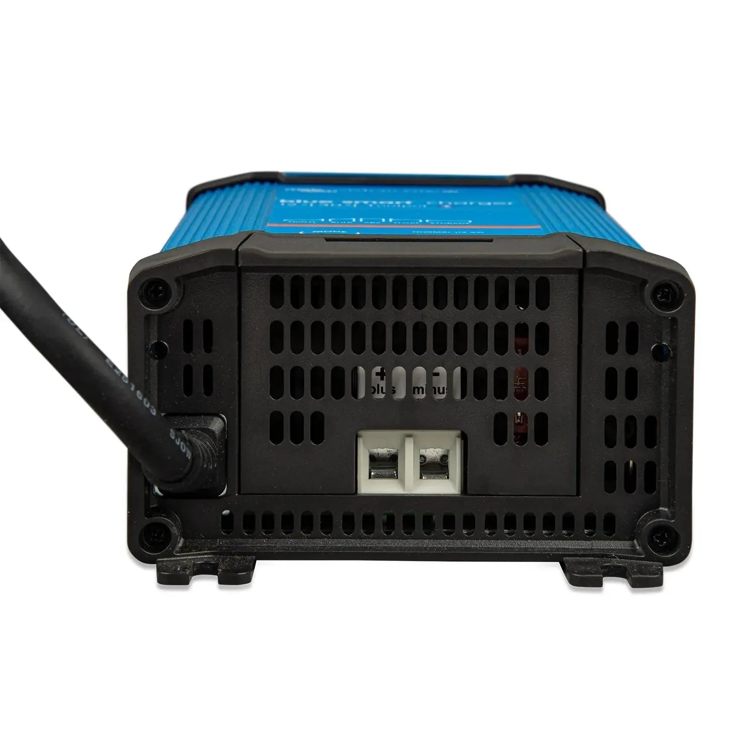 Rear view of Victron Blue Smart IP22 charger showing black ventilation grille, two ethernet ports, power cable, and blue top 
