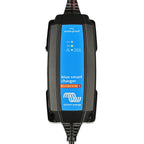 Victron Blue Smart IP65 waterproof battery charger with blue faceplate showing 6V and 12V voltage indicators and Bluetooth co
