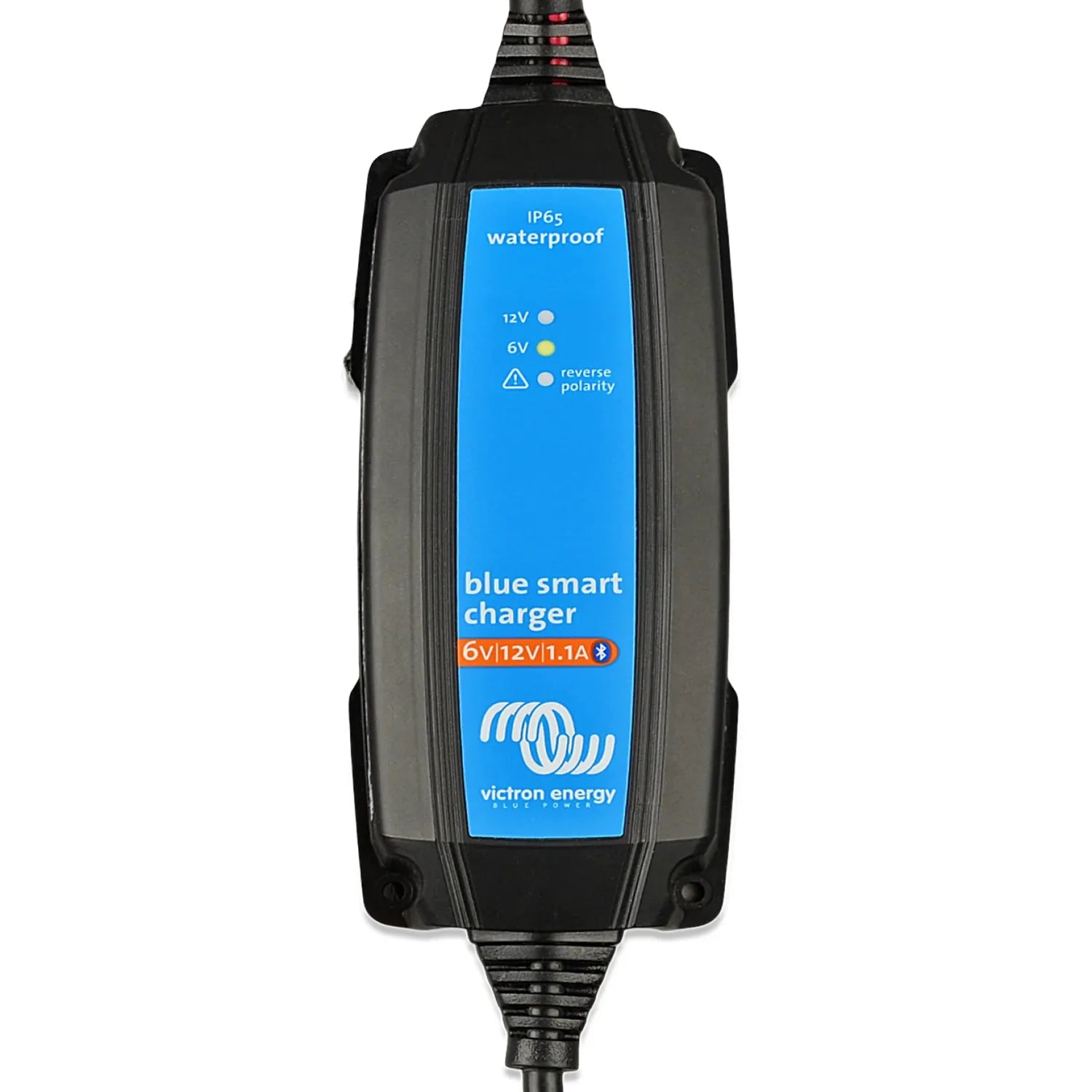 Victron Blue Smart IP65 waterproof battery charger with blue faceplate showing 6V and 12V voltage indicators and Bluetooth co