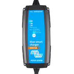 Victron Blue Smart 24V 5A waterproof battery charger with display showing charge status indicators and mode button.