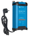 Victron Energy Blue Smart charger in bright blue with black accents, shown with coiled power cord and plug against white back