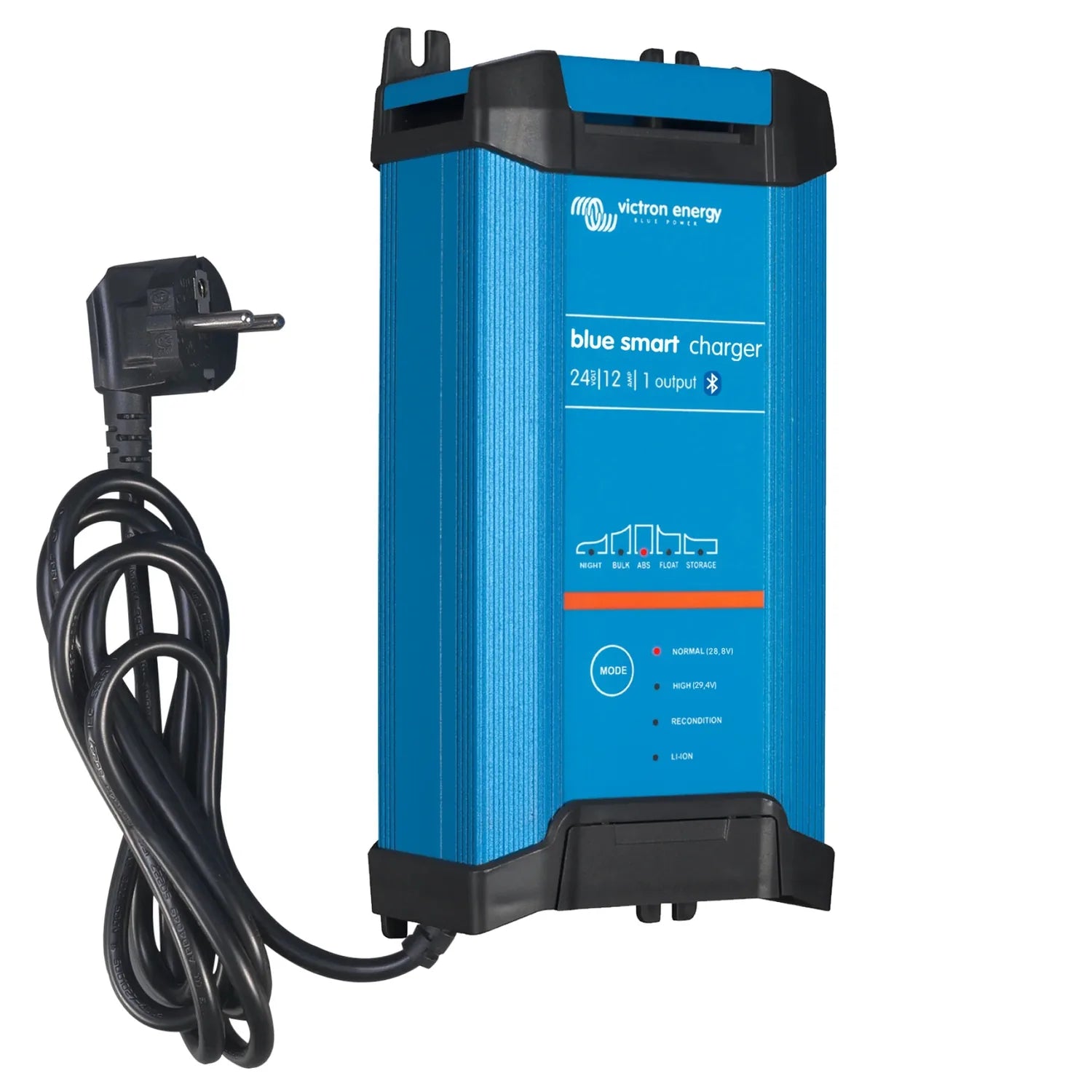 Victron Energy Blue Smart charger in bright blue with black accents, shown with coiled power cord and plug against white back