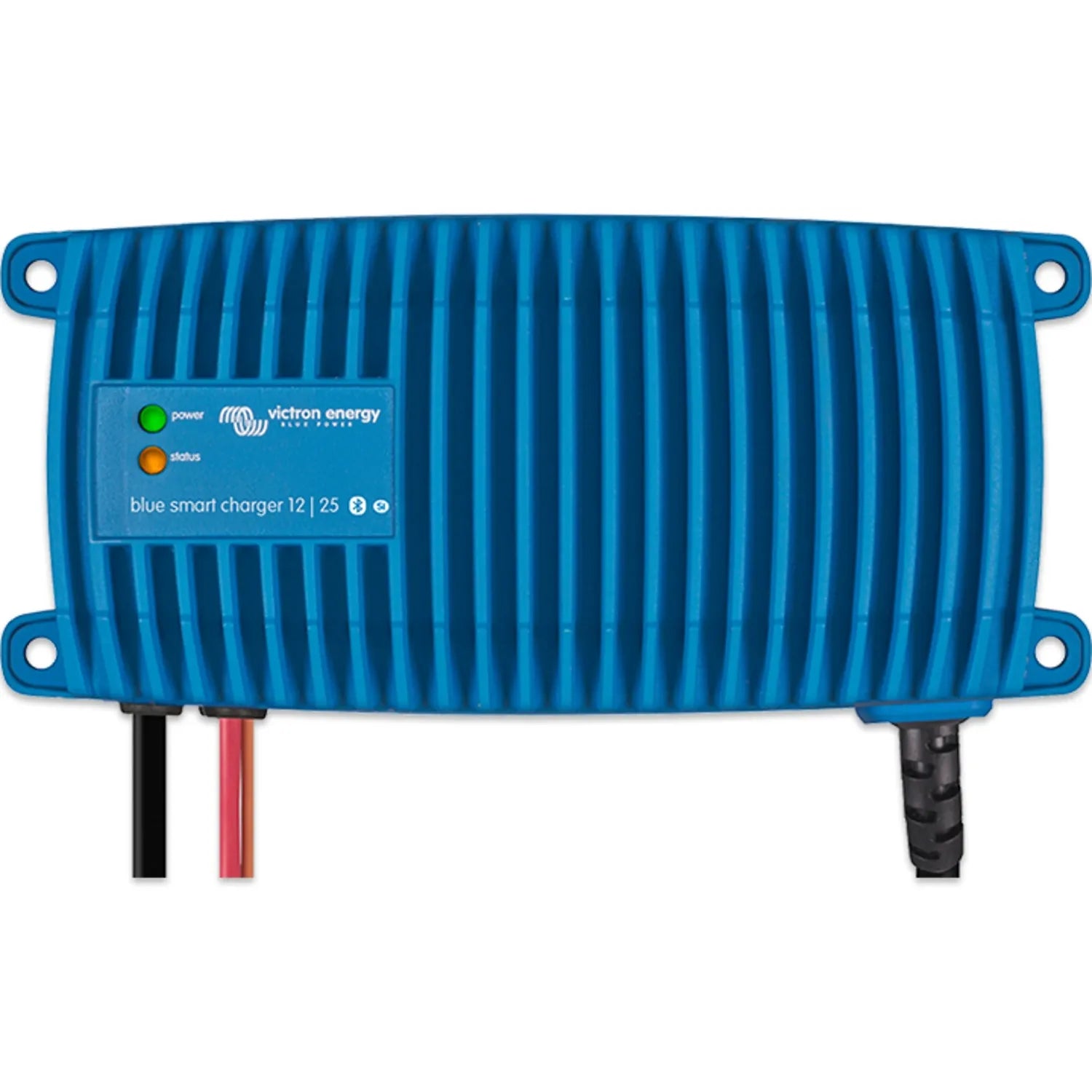 Victron Blue Smart Charger 12/25 in blue with vertical ribbed casing, power and status indicator lights, mounting holes, and 