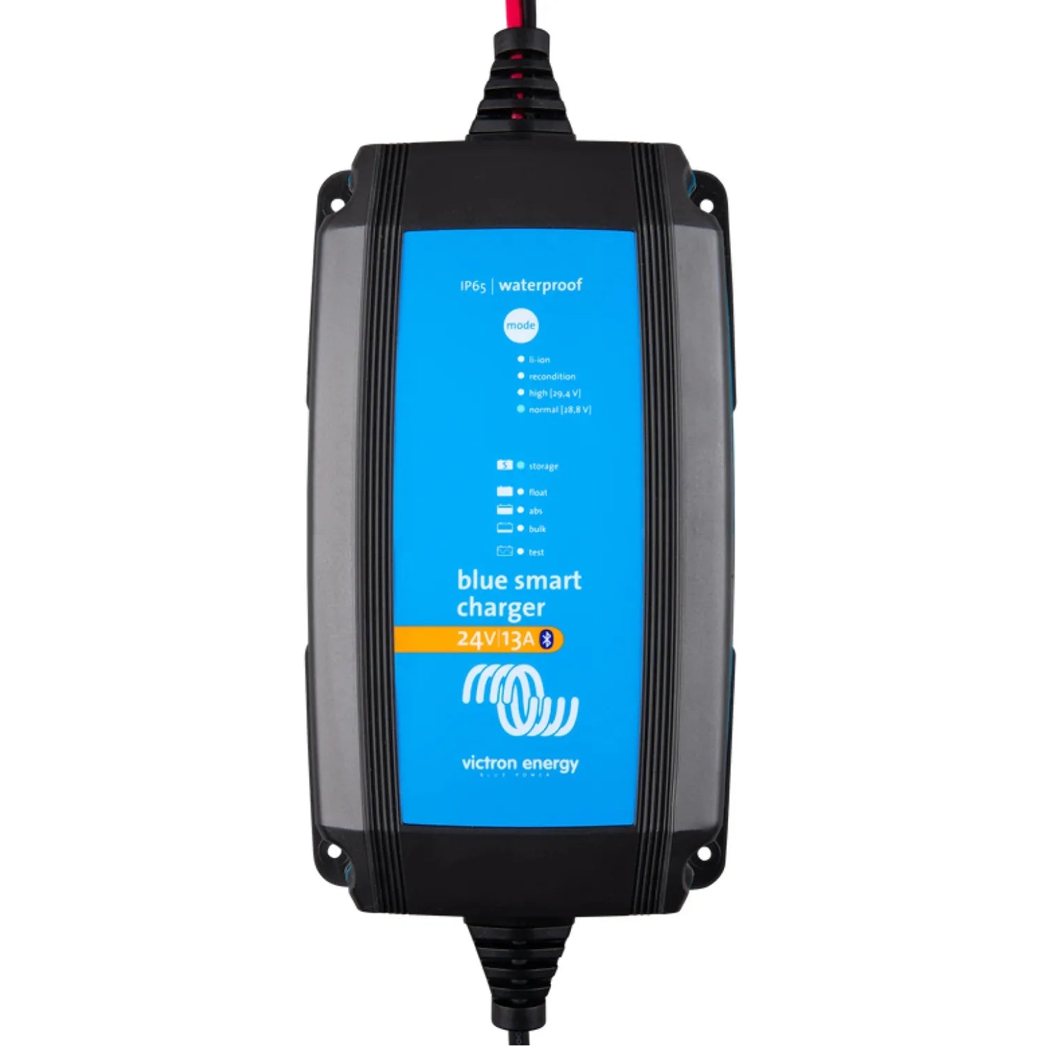 Victron Blue Smart Charger 24V/13A with IP65 waterproof rating, displaying blue front panel with mode settings and specificat