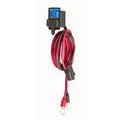 Victron Energy battery indicator panel with blue display mounted above coiled red and black power cable with eyelet connector