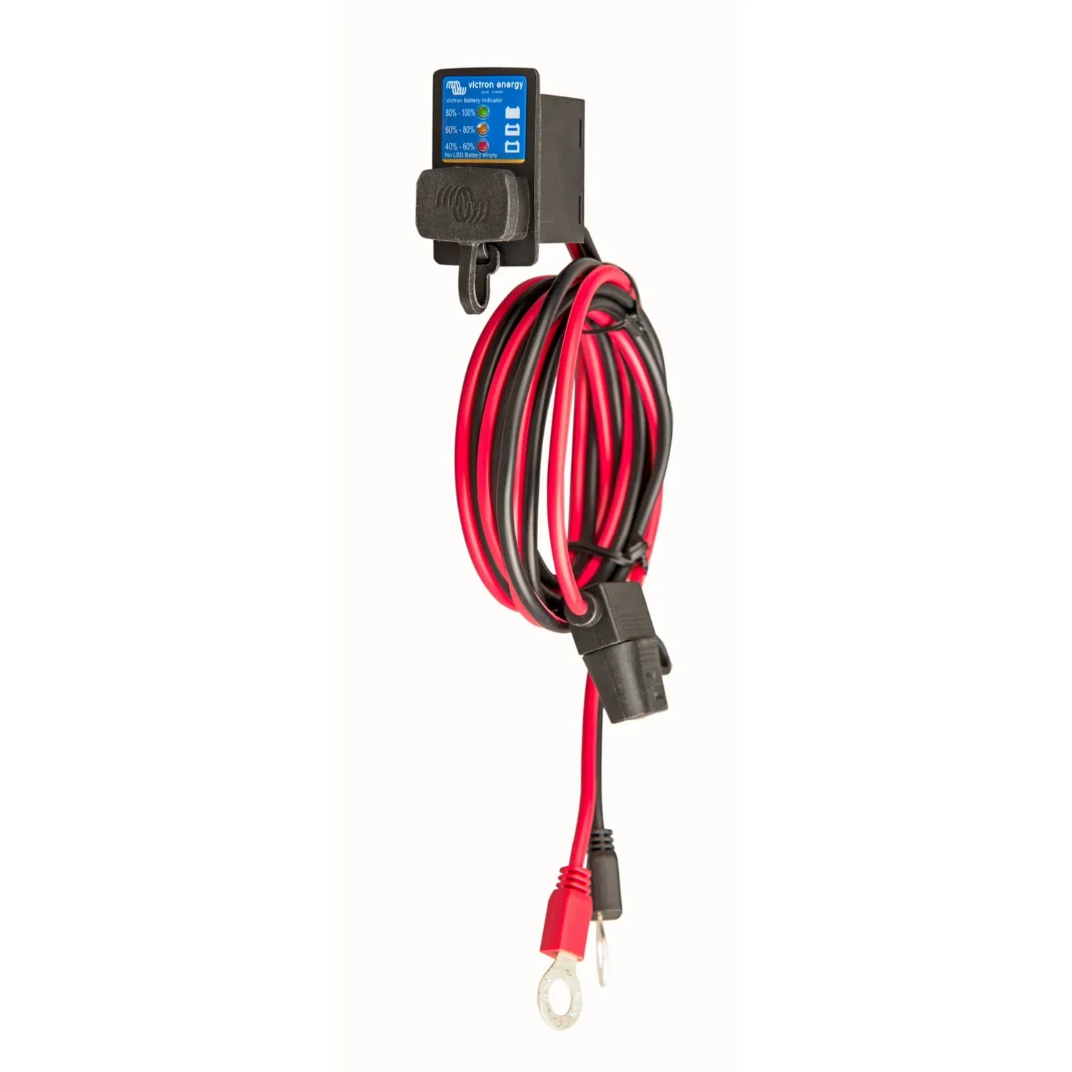 Victron Energy battery indicator panel with blue display mounted above coiled red and black power cable with eyelet connector