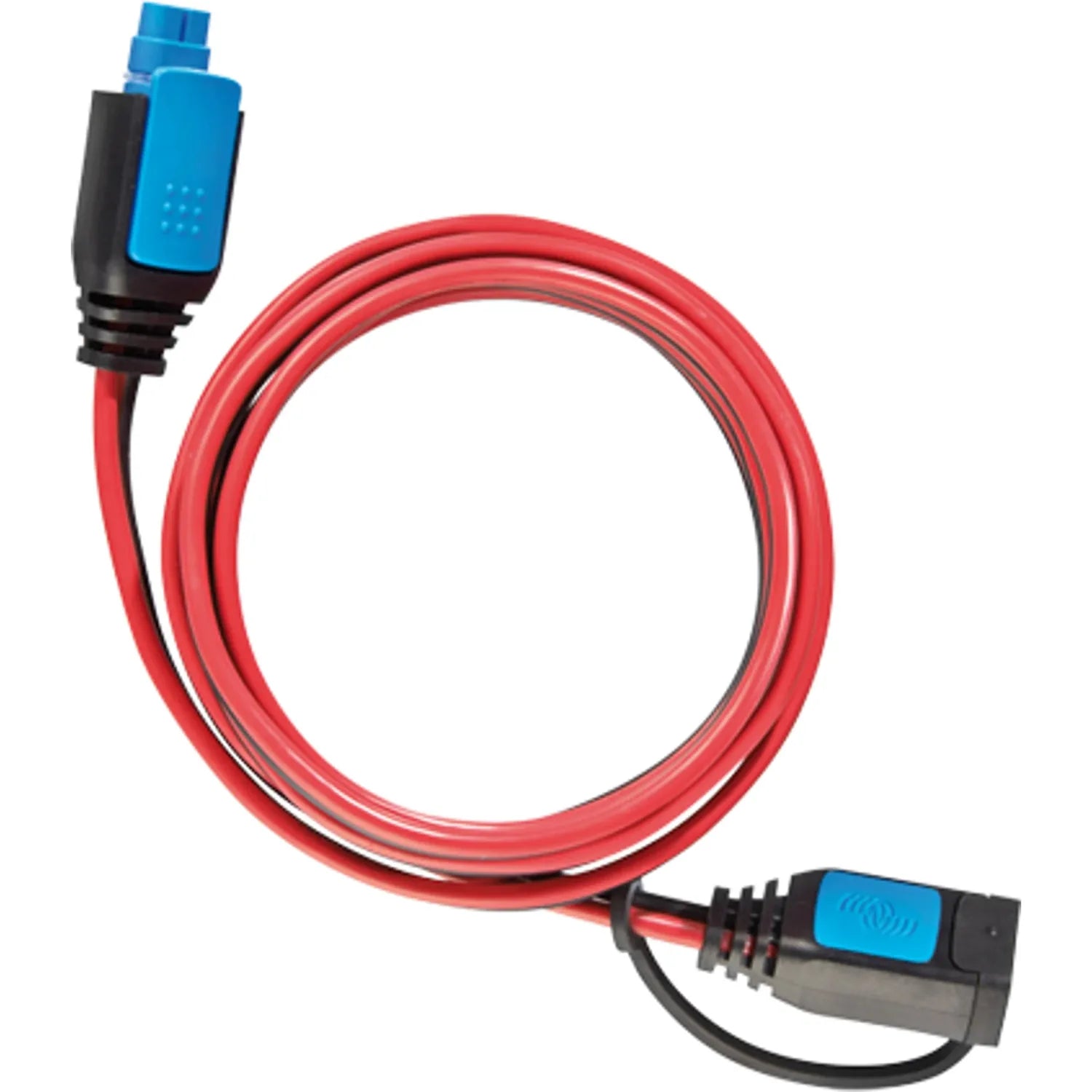 Red extension cable with blue connector ends, coiled display on white background showing full length and connector details.