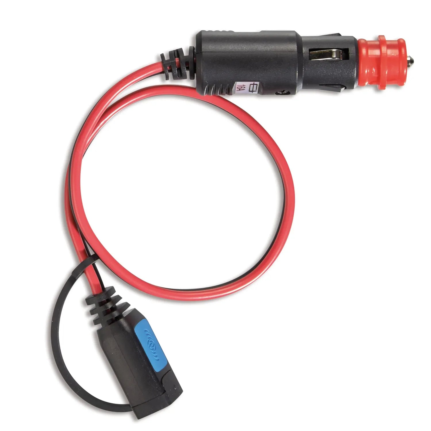 Red and black 12V car cigarette lighter plug with fused adapter connector and blue power indicator label, coiled cable shown 