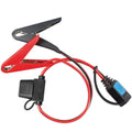 Victron clamp connector with red and black wires, metal alligator clips, and blue fused connector block on white background.