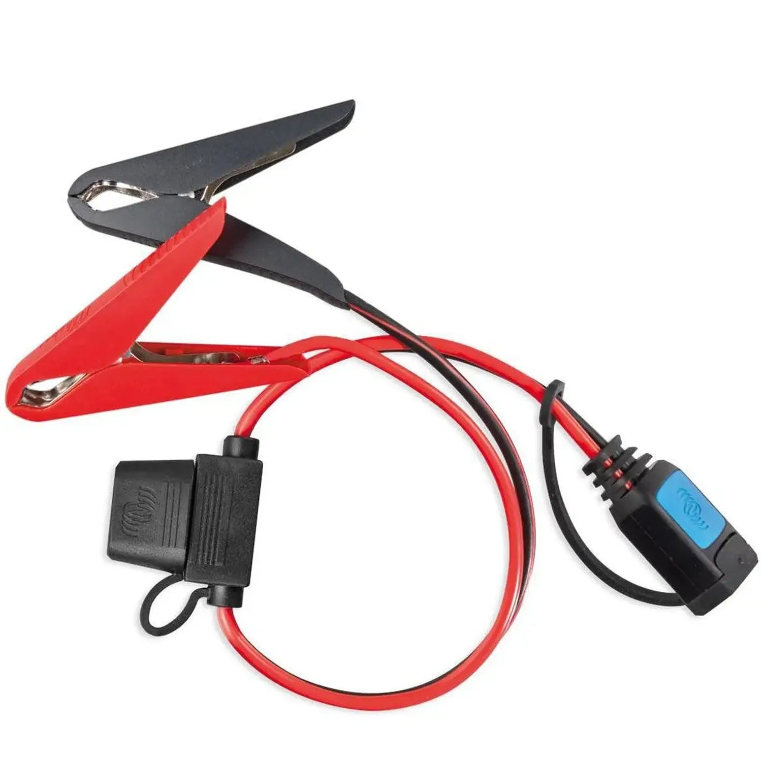 Victron clamp connector with red and black wires, metal alligator clips, and blue fused connector block on white background.