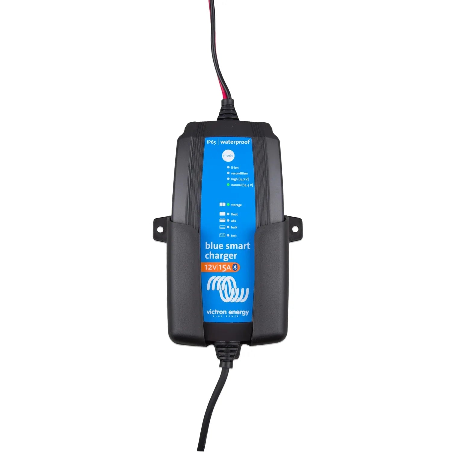 Victron Blue Smart IP65 waterproof 12V/15A charger with wall mounting brackets and power cable against white background.