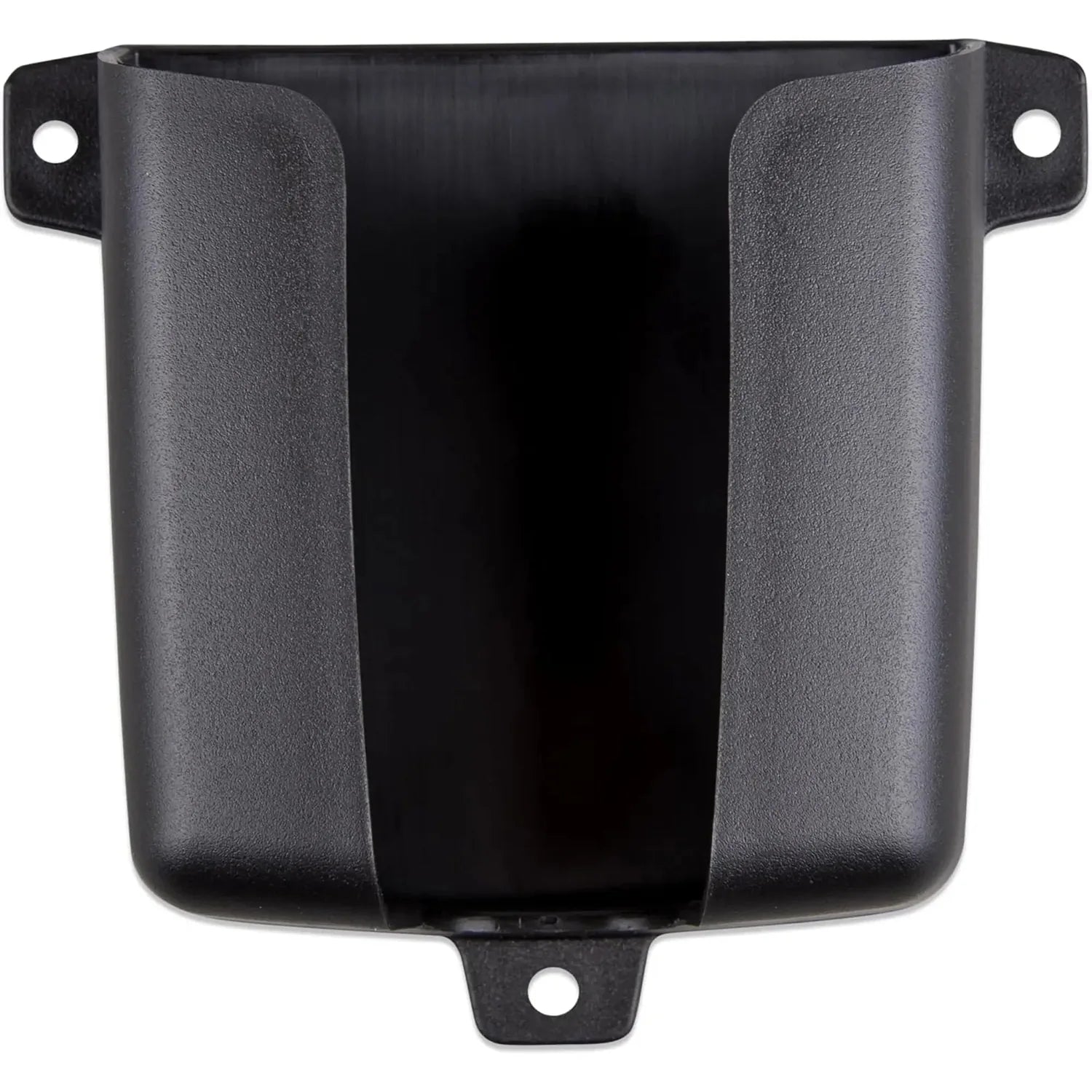 Black plastic wall mount bracket with curved side panels, mounting holes, and central slot for device installation
