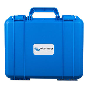 Blue protective carrying case with handle and Victron Energy branding label on front.